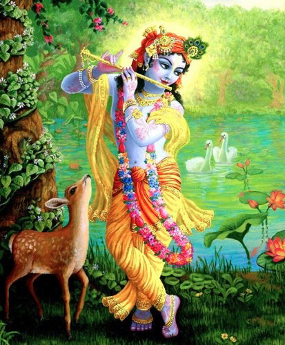 Krishna playing flute with a deer by His side